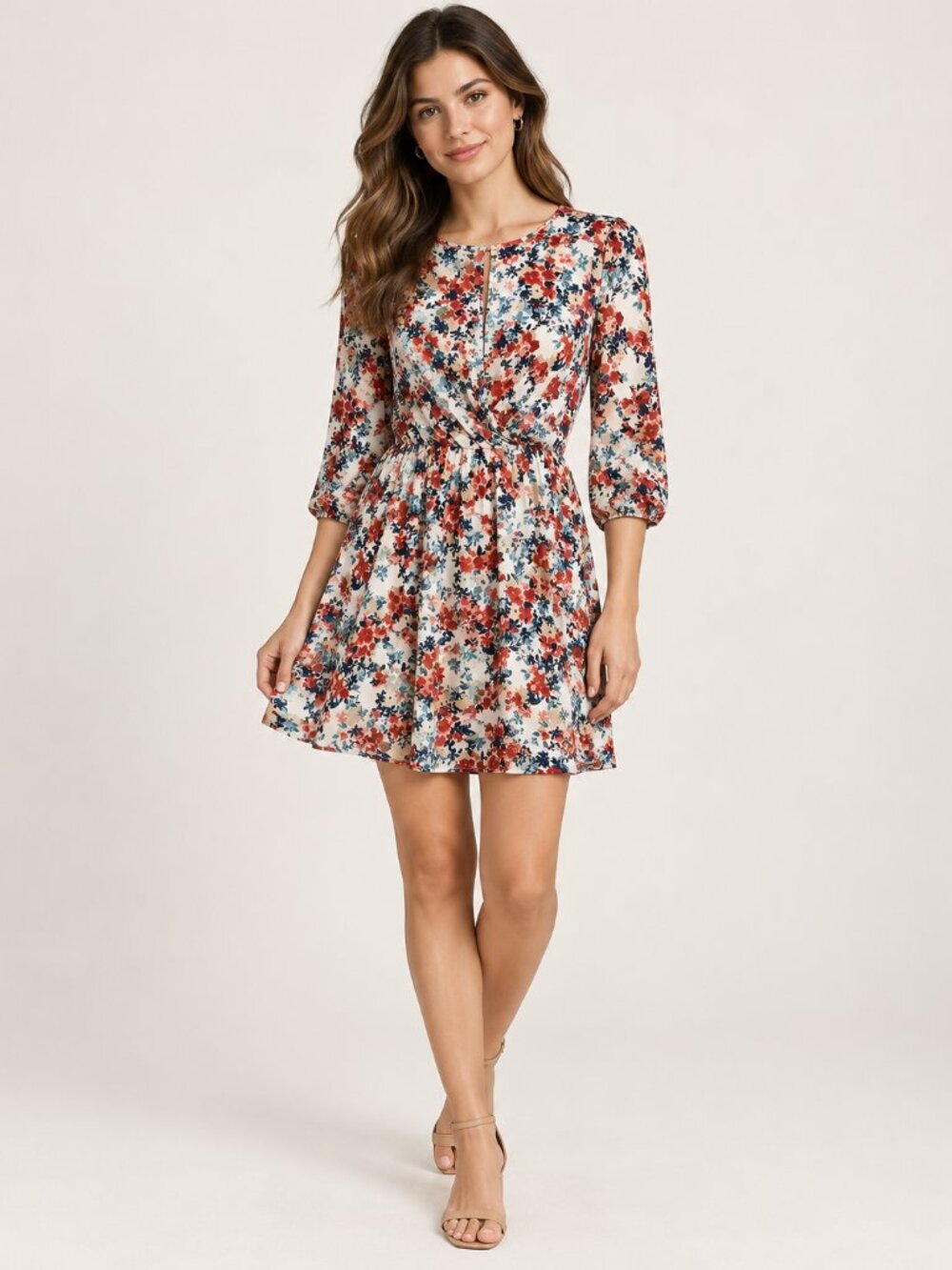 LUSH Small Floral Surplice Wrap Mini Dress 3/4 Sleeve Elastic Waist Boho